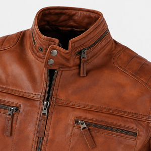 <b>Men</b> Custom PU Leather <b>Jacket</b> Brown Biker Style <b>Canvas</b> Stand Collar Plaid Pattern Quick Dry Breathable Autumn Zip up - Product Image 3