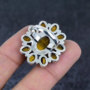 Anillo de Racimo de Ojo de Tigre Natural, Chapado en Plata 925, Diseño Floral Vintage, Engaste de Canal, Joyería Unisex, Regalo para Esposa - Product Image 4