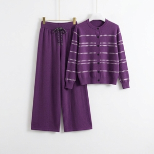 Spring Women's Casual Two-Piece Embroidered Patchwork Sweater Suit Knitted Striped Cardigan <b>Top</b> Loose Pants Knitwear Set - Product Image 6