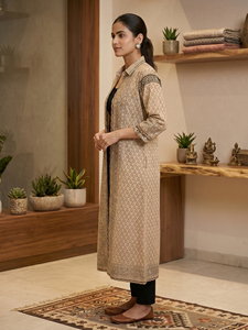 Wholesale Beige Color Floral Print <b>Shrug</b> Long Sleeves Turn Down Collar Open Front Pockets Direct Factory Wholesale <b>Shrug</b> Supply - Product Image 2