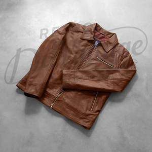 เสื้อแจ็คเก็ตหนังสีน้ำตาลสำหรับผู้ชาย คอปกคลาสสิก หนังแกะแท้ สำหรับฤดูใบไม้ร่วงและฤดูหนาว สวมใส่สบาย ซิปหน้า ทรงเข้ารูป เหมาะสำหรับผู้บริหาร - Product Image 5