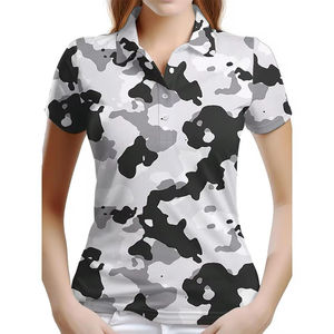 Polo à manches courtes pour femme, noir, blanc, imprimé camouflage, respirant, en polyester tissé, haut décontracté - Product Image 1