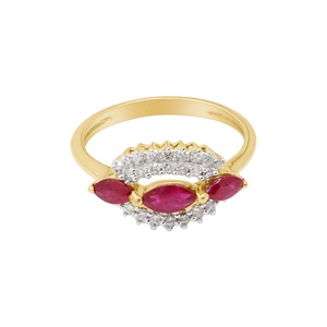 Anillo de Compromiso de Oro Amarillo Sólido de 18K con Rubí Natural Marquise y Halo de Diamantes, Joyería Fina, Memoria Jewels, Venta al Por Mayor - Product Image 1