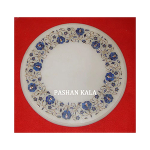 Beautiful Handmade <b>White</b> Marble <b>Round</b> Shape Floral Inlay And Carving Work Decorative Plate For Wedding And Birthday Gifted - Product Image 6