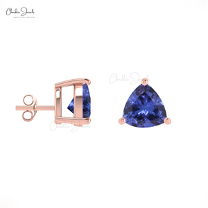 Boucles d'oreilles clous en tanzanite véritable, en or rose massif 14 carats, avec pierres précieuses taille tréillis de 4 mm, pour femme - Product Image 3
