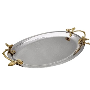 Bandeja Ovalada de Acero Inoxidable de la Mejor Calidad con Diseño Floral Decorativo y Asas, para Restaurante y Decoración del Hogar, en Oferta - Product Image 1
