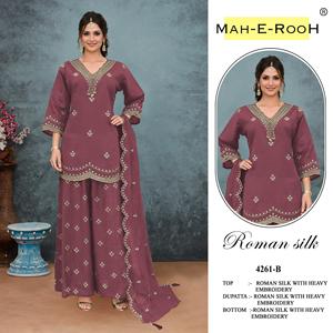 ชุดคุรตะ ปาลาซโซ ดูปัตตา สำเร็จรูป ผ้าไหมโรมัน พร้อมงานปักเลื่อมหนักและงานประดับพู่ห้อย - Product Image 3