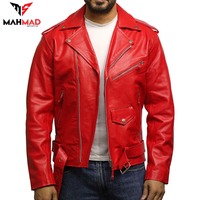 Veste de motard en cuir rouge pour homme, style CAFE RACER, coupe slim vintage avec ceinture et poches zippées