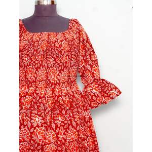 Vestido de verano de algodón con cuello cuadrado, estampado a mano, vestido midi con cuello cuadrado, vestido largo maxi con estampado floral para mujer - Product Image 3