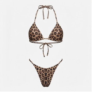 Ensemble bikini 2 pièces imprimé léopard pour femme, haut dos nu à nouer, bas string extensible, maillot de bain - Product Image 1