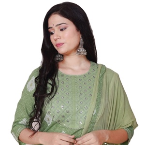 ผ้าตรงสีเขียวอ่อนสีเขียวมะกอกสำหรับผู้หญิงเย็บอย่างเต็มที่พร้อมกางเกงและผ้าชีฟอง dupatta จากอินเดีย - Product Image 1