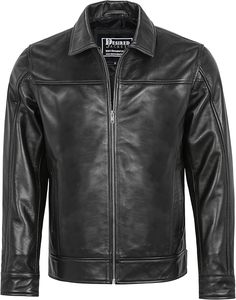 Men's Genuine <b>Leather</b> Moto <b>Jacket</b> Turn-down Collar Zipper Closure Solid Black Regular Length Autumn Wear - Product Image 4