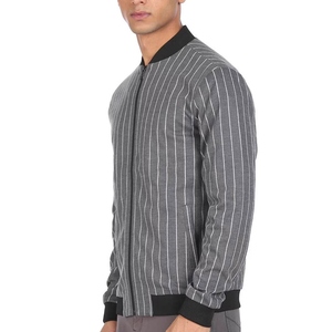 Chaqueta Bomber Gris a Rayas para Hombre con Cierre de Cremallera, Cuello Camisero, Estilo Casual, Corte Ajustado, Tejido de Poliéster y Algodón - Product Image 1