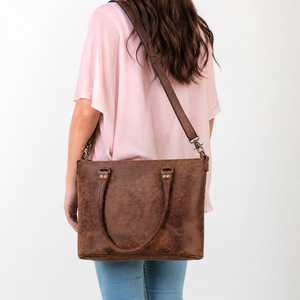 Distressed Brown Leather Tote Crossbody Bag Vintage <b>Shoulder</b> Handbag With Front Pocket And Adjustable <b>Strap</b> - Product Image 2