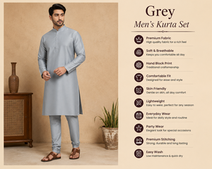 Custom <b>Men</b> Grey <b>Kurta</b> Pajama Set Ethnic Long <b>Kurta</b> Mandarin Collar Wedding Party Outfit Festival Traditional Dress - Product Image 3