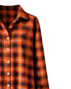 Vestido Camisero Largo a Cuadros Naranja Personalizado para Mujer, Estilo Túnica Oversize con Botones, Casual, Holgado, Manga Larga, de Franela de Algodón Suave - Product Image 4