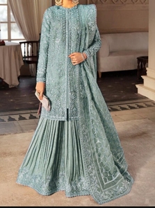 Mint Green Pakistani Sharara Suit Floor Length Embroidered Organza Kurta Pleated <b>Skirt</b> Dupatta Indian Dress - Product Image 1