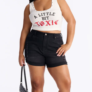 Shorts de mezclilla de verano de talle alto, pierna recta, estampados, sexys, elásticos, talla grande, con lavado arena, con botones y cremallera, de secado rápido para mujer - Product Image 6