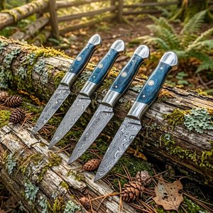 Ensemble de 4 couteaux à steak en acier Damas faits à la main, manche en bois avec étui en cuir, couteaux pliants professionnels de qualité supérieure - Product Image 6