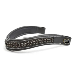 Frontal de cheval en cuir anglais noir décoratif, avec surpiqûres blanches personnalisées, rembourrage doux en cuir de vache et cristaux strass. - Product Image 4