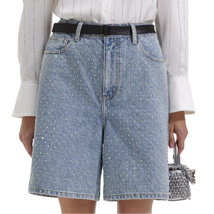 High Waist Denim Shorts With Rhinestone <b>Sequins</b> Streetwear Style Summer Cargo <b>Pants</b> Medium Wash Cotton Fabric - Product Image 3
