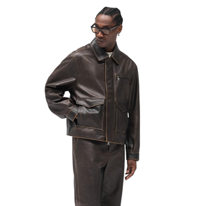 Blouson utilitaire en cuir véritable marron foncé pour homme, col ouvert, fermeture éclair dissimulée, poche zippée sur la poitrine, poches à rabat, vêtements d'extérieur personnalisés - Product Image 6