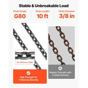 Cadenas de elevación de acero aleado G80 de alta resistencia, 3/8 x 10 pies, con 4 ganchos de agarre, capacidad de 22900 libras, eslinga de cadena - Product Image 4