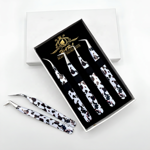 Ensemble de pinces professionnelles pour extensions de cils à motif vache, en acier inoxydable, avec prise en main parfaite, logo et emballage personnalisés - Product Image 5