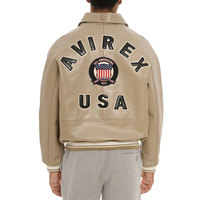 Blouson Bomber Homme Avirex Hiver en Cuir Rouge Uni Imperméable avec Patch Brodé Col Montant Fermeture Éclair Style High Street