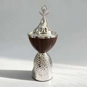 Wholesale Modern Walnut Wood Gold <b>Silver</b> Metal Bakhoor <b>Burner</b> Hammered Base Dome Top Arabian Mabkhara Goblet Shape Oud Incense - Product Image 6