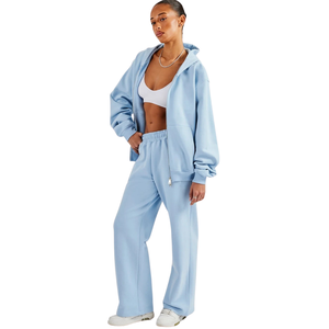 Womens Full <b>Zip</b> <b>Hooded</b> Tracksuit Set Wide Leg Trousers Drawstring Waist Loose Fit Two Piece Lounge Travel Everyday Street Outfit - Product Image 1