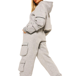 Women 100% Cotton Breathable Casual Solid Color <b>White</b> Full Length <b>Cargo</b> Tracksuit Crew Neck Long Sleeve Crop Top Set For Sale - Product Image 6