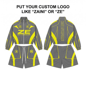 Ensemble court coupe-vent pour homme en polyester premium 120 GSM, gris et jaune avec empiècements contrastants, logo personnalisé par sublimation, vêtements de sport légers - Product Image 1