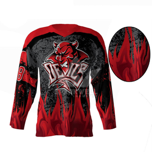 Maillot de hockey sur glace personnalisé sublimé pour homme, manches longues, motif flamme rouge et noir, vêtement en polyester anti-humidité - Product Image 3