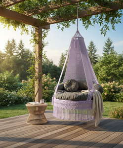 Periwinkle 72"X44" Macramé Hammock Chair Hanging Seat with Canopy Fabric Rope Woven Lounge for Indoor Outdoor Garden Bedroom - Product Image 6