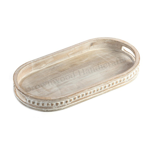 Bandeja de Madera para Servir Alimentos, Diseño Personalizado, Tallada a Mano, con Asas, Forma Ovalada, de Madera de Mango, de Fabricante Indio - Product Image 1
