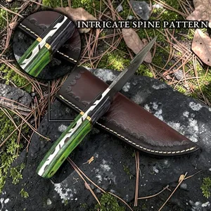 Cuchillo de caza de hoja fija de acero de Damasco con punta de gota y gancho para desollar, mango de madera verde, filo biselado, OEM, hoja de 4 pulgadas, para uso en exteriores y camping - Product Image 6