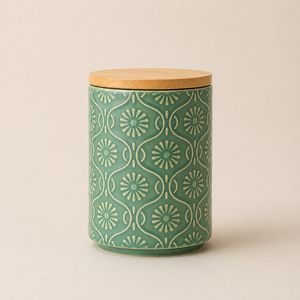 Pot en céramique haut de gamme avec couvercle en bambou, motif floral en relief, hermétique, anti-humidité, organiseur de cuisine, décoration élégante pour comptoir - Product Image 1