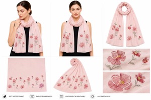 Blush Pink <b>Floral</b> Embroidered Cotton <b>Scarf</b> - Airy Lightweight Spring Shawl & Soft Casual Wrap - Product Image 2
