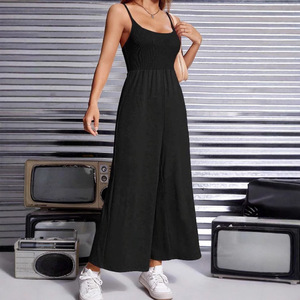 Combinaison décontractée sans bretelles pour femme avec empiècements contrastants, col carré, pantalon large, en polyester, ensemble de yoga longueur intégrale printemps/été - Product Image 4