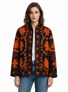Blazer de Mezclilla Tejida con Cuello Mandarín Azul Marino para Mujer, con Bordado Floral Naranja, Manga Larga, Transpirable, Ropa de Abrigo para Otoño - Product Image 6