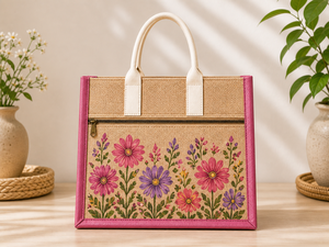Bolsa de Yute Laminada Personalizada con Estampado Floral, Ecológica, Reutilizable, con Cierre de Botón, Bolsa de Playa de Algodón para Exposiciones - Product Image 1