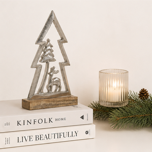 Elegant Silver Aluminum Mini Christmas <b>Tree</b> Statue Featuring Woodland Reindeer Scene On Sturdy Wood Base For Festive Mantel - Product Image 2