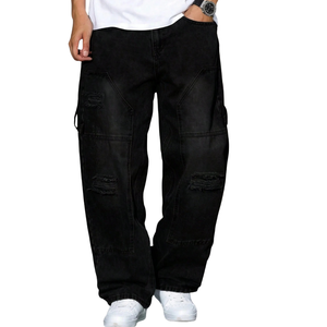 Jeans de Carpintero Negros para Hombre, Corte Holgado, Pierna Recta, Denim Desgastado, 100% Algodón, Secado Rápido, Transpirables, Cintura Media, Peso Medio, Casuales - Product Image 1