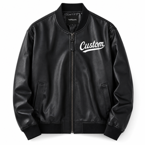 <b>Men's</b> Black PU Bomber <b>Jacket</b> Custom Embroidery Single Button Winter Sporty Casual Cotton Fabric Stand Collar - Product Image 1