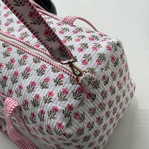 Vintage Quilted Cotton Duffle <b>Bag</b> Pink Floral Pattern Large Capacity Weekender Travel <b>Bag</b> for Women Men <b>Overnight</b> Stay - Product Image 4