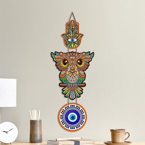 Sculpture murale hibou coloré œil porte-bonheur Art Déco en MDF pour entrée de maison, charme porte-bonheur Vastu - Product Image 1