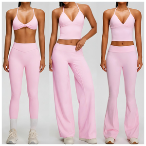 Ensemble de yoga rose taille haute sans coutures, avec haut court à dos croisé et col en V, et short respirant en Spandex et Polyester, 3 pièces avec fermeture à cordon de serrage - Product Image 5