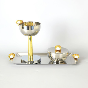 Polished <b>Silver</b> And Gold Incense <b>Burner</b> Set Featuring Pedestal Bowl Covered Jar & Rectangular Tray With Stone Accents For Decor - Product Image 3