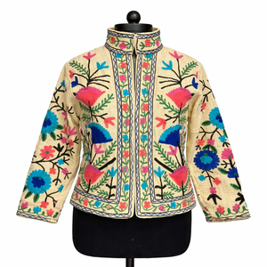 Veste bomber en coton fleuri de qualité boutique, poche latérale, manches longues, veste ethnique pour femmes faite à la main - Product Image 1